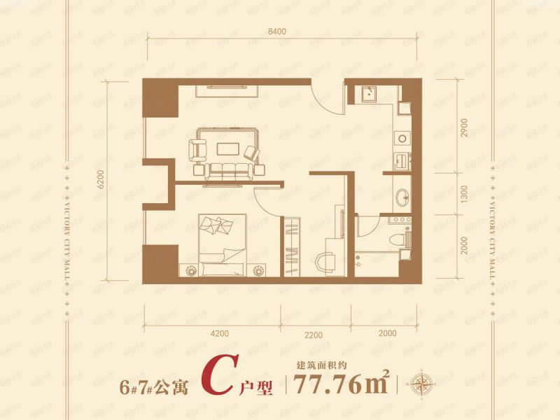 包頭裝修方案維多利摩爾城一室一廳一衛(wèi)77.76平方米